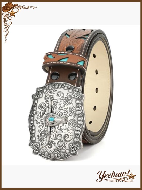 Engraved Tooled Leather Western Belt, Vintage Cowboy Belt, Interchangeable main image 5